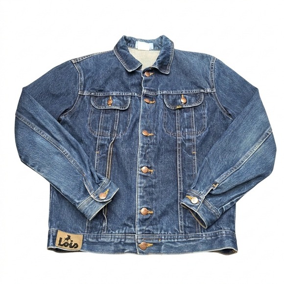 Vintage 70s Lois Denim Trucker Jacket Made in Spain Bull Logo Indigo Blue Mens M